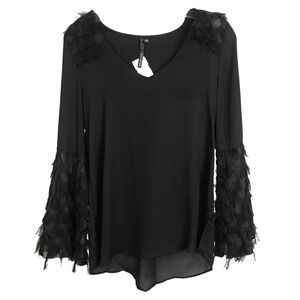 Kay Celine Women's Top Blouse Bell‎ Sleeve Fringe Black V-Neck Pullover Sz XS